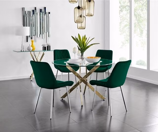 FurnitureboxUK Novara Gold Round Glass Dining Table and Four Pesaro Silver Leg Green Chairs