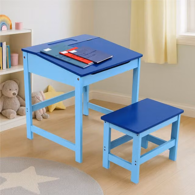 Orsina Children's Desk and Stool Set with Tilting Top in Blue – 1