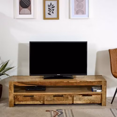 Indian Hub Surrey Large TV Unit with 3 Drawers in Brown Solid Mango Wood W150 x D40 x H40 cm – 3