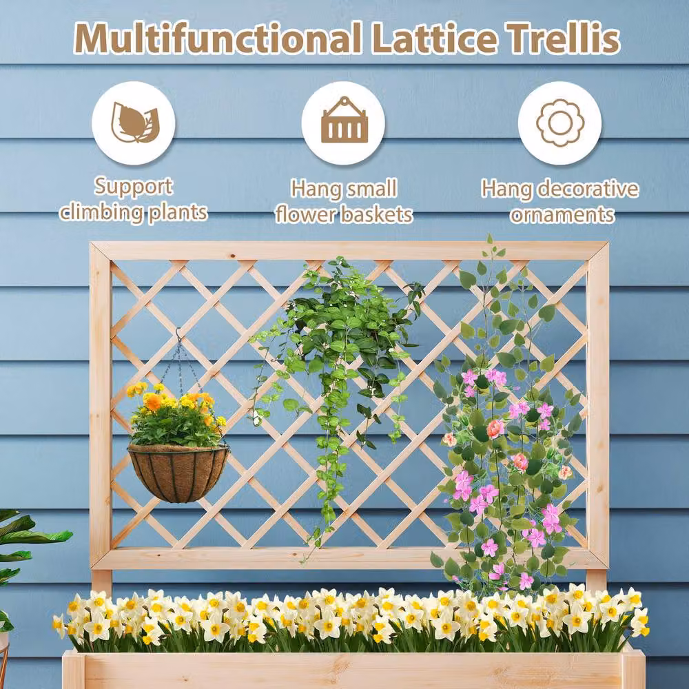 Costway Wooden Raised Garden Bed with Lattice Trellis for Vegetables and Climbers, Sand/Beige, W: 104 cm, D: 34 cm, H: 34 cm – 3
