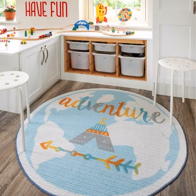 The Rug House Blue Round Adventure Kids Play Mat, Washable and Non-Slip Polypropylene Bedroom Rug