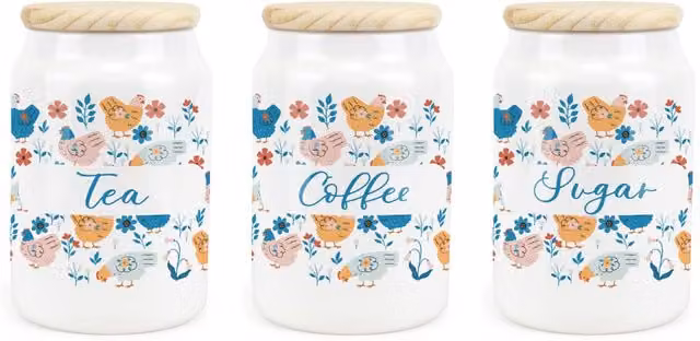 Purely Home Botanical Chickens Ceramic Tea, Coffee and Sugar Storage Canister Set in Blue and White Floral Design