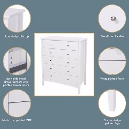 Core Products Como 5 Drawer Chest of Drawers in White – 3
