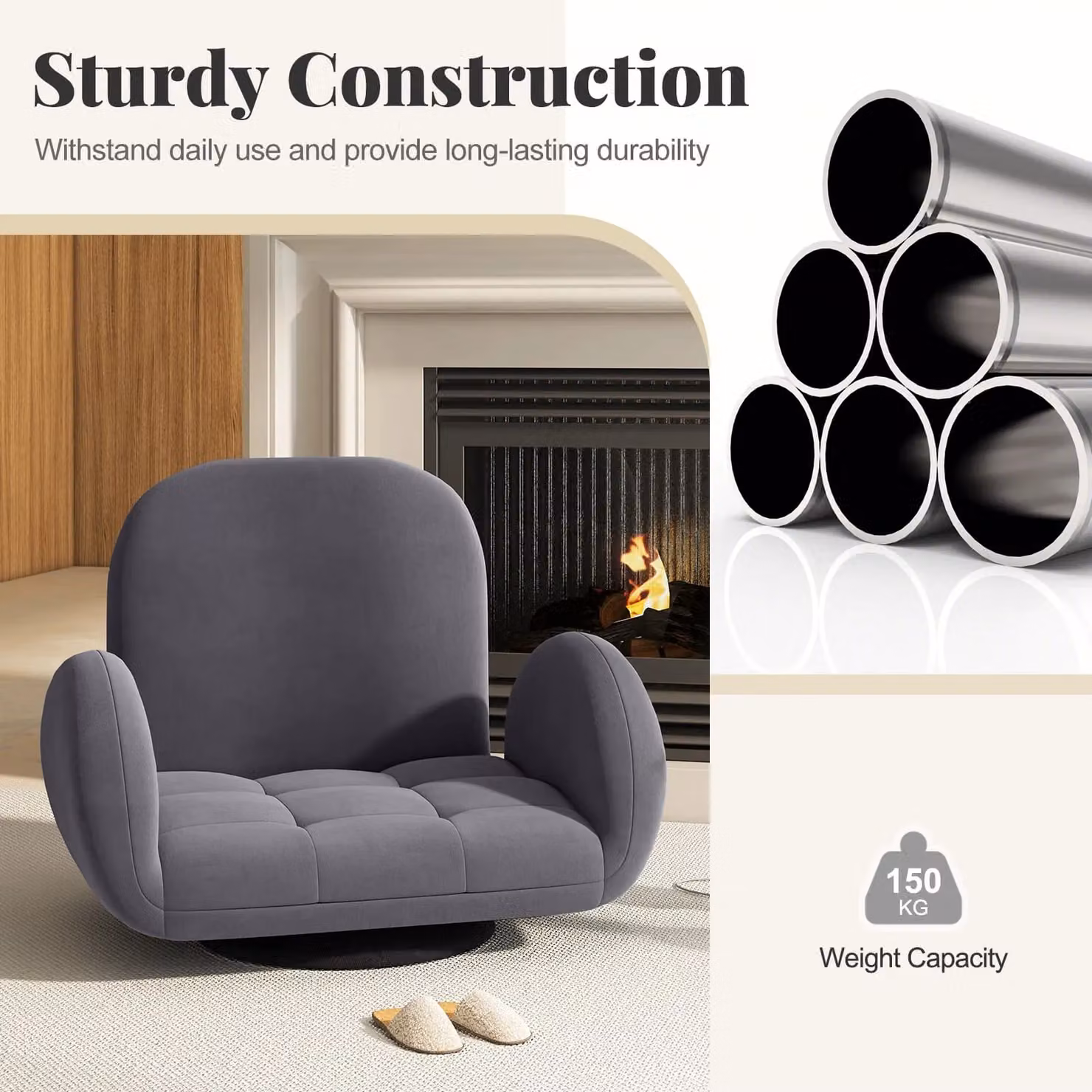Gymax Grey Swivel Floor Sofa Chair, Adjustable Folding Gaming Recliner with Armrests – 4