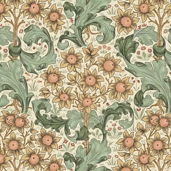 William Morris Orchid Digitally Printed Fabric in Multicolour and Yellow