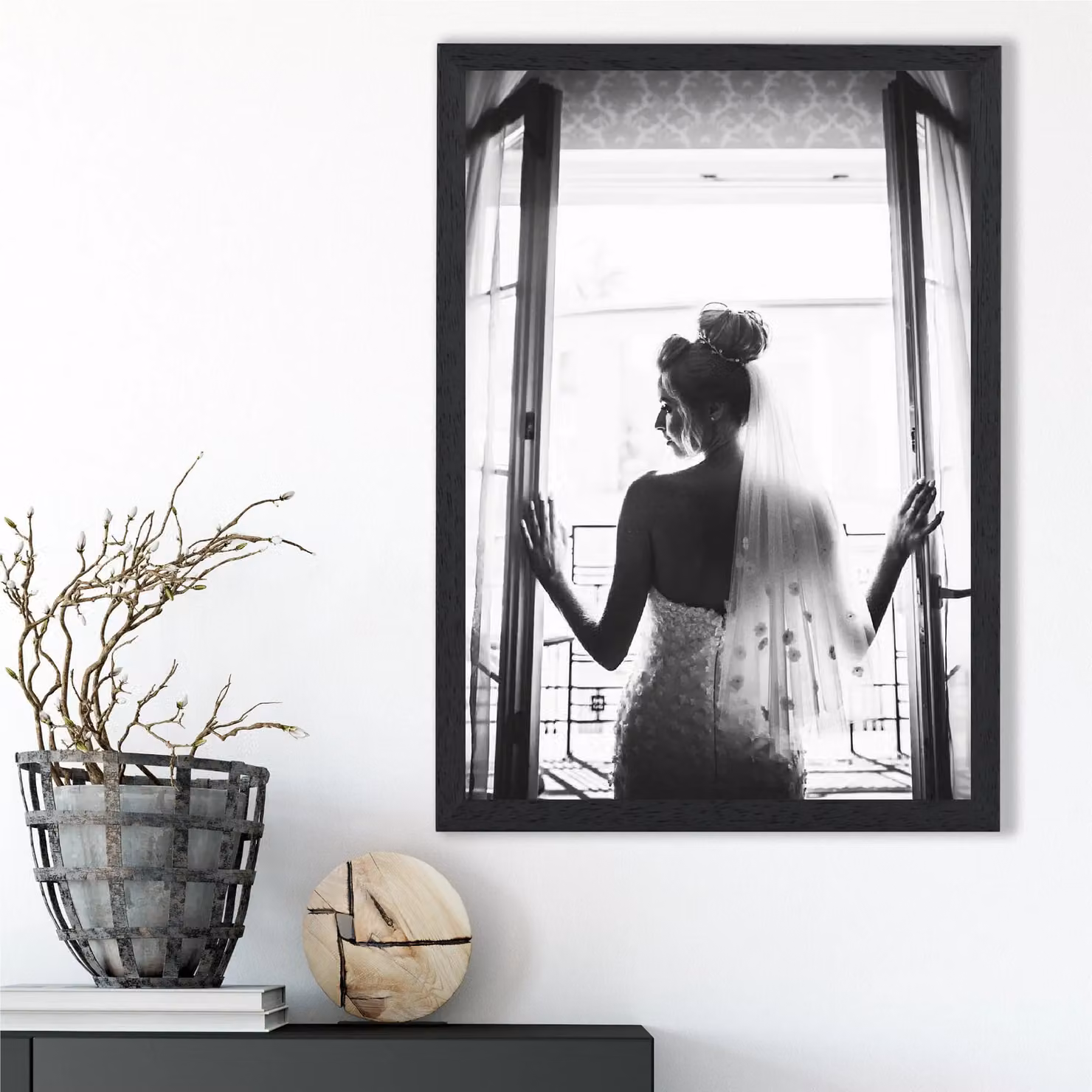 ARTZE Bride in Window Fashion Black and White Framed Photo Print with Black Frame – 2
