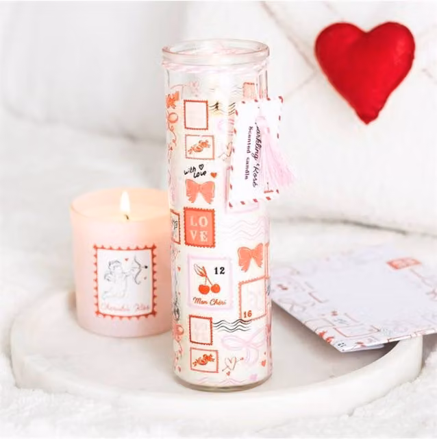 KDMD Valentine Sparkling Rose Pink Tube Candle with Floral Design