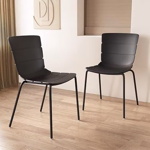 Core Products Pair of Bali Ribbed Plastic Dining Chairs with White Metal Legs - Black – 3
