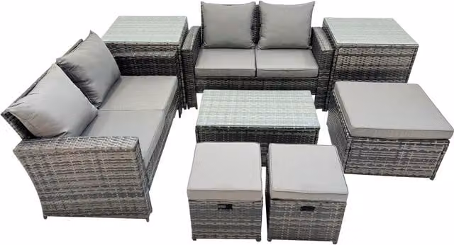 Fimous 7-Seater U-Shape Rattan Garden Sofa Set with Coffee Table and Ottoman in Grey
