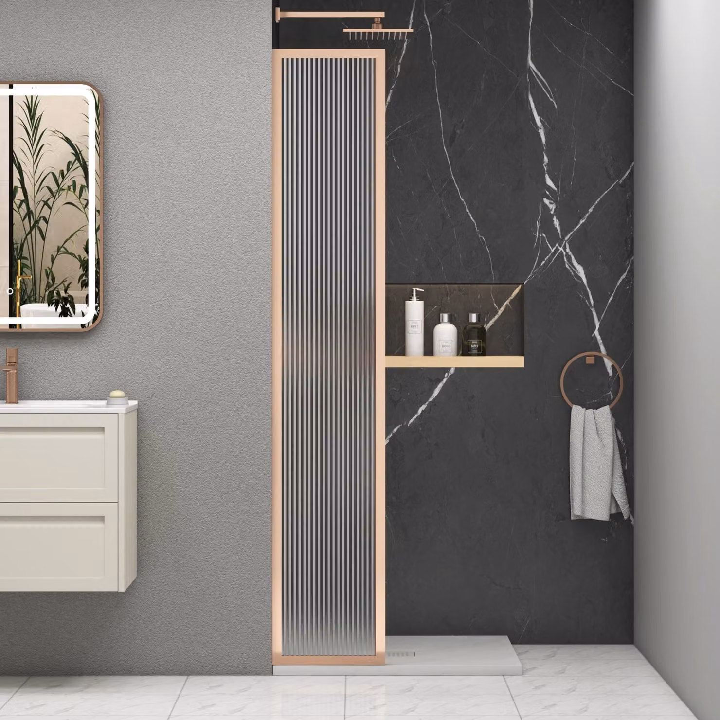 Luxor Fixed Walk-In Wet Room Fluted Shower Screen with Brushed Bronze Frame, 8mm Easy Clean Glass, W: 30 cm, H: 195 cm, D: 30 cm