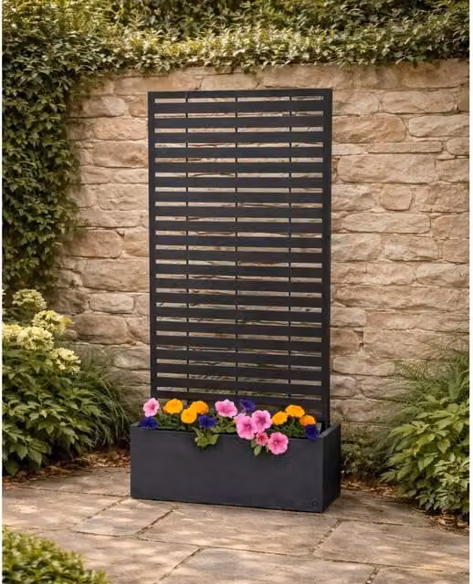 Ornate Collection Matt Black Metal Slatted Planter with Trellis