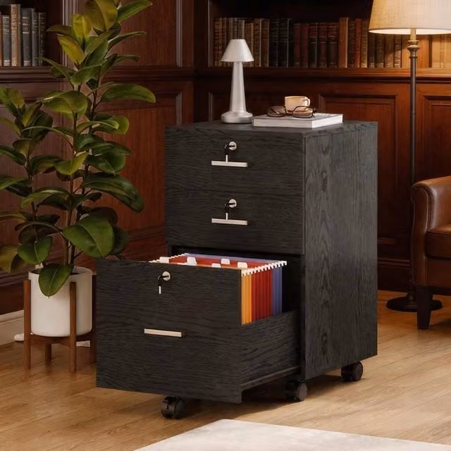 EONLION Black Wooden 3-Drawer Rolling File Cabinet Organiser