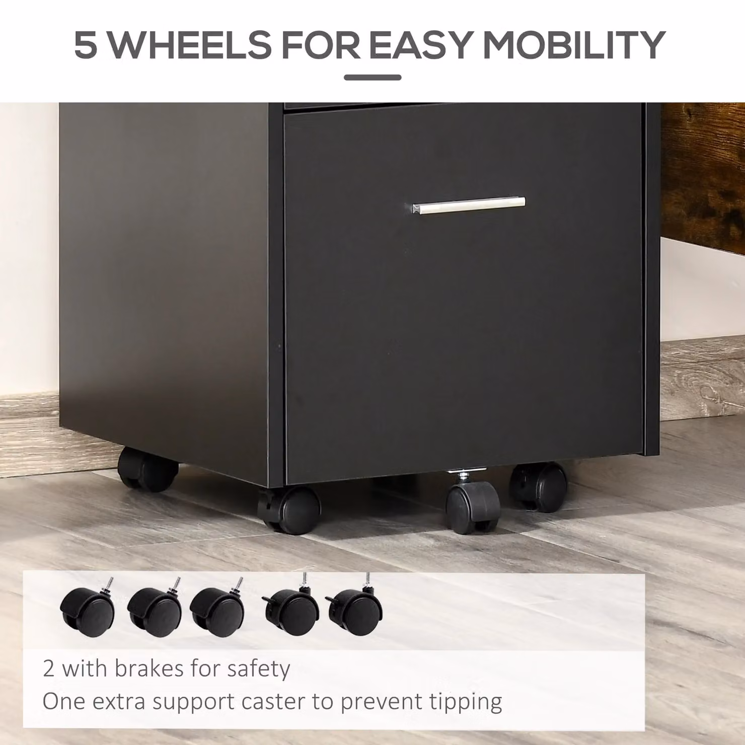 VINSETTO Lockable Mobile Metal File Cabinet with Castors in Black – 4