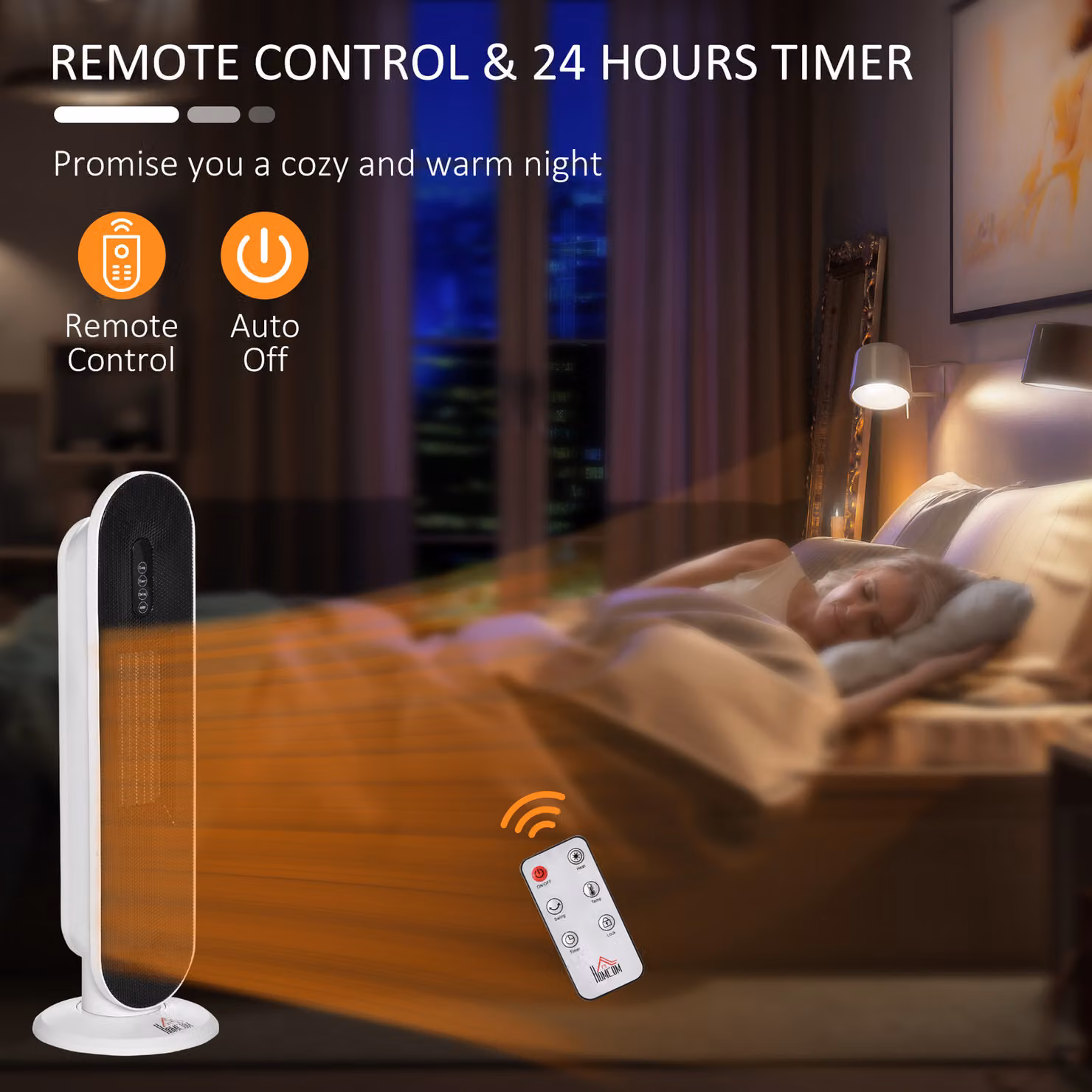 HOMCOM White Ceramic Fan Tower Heater with 45 Degree Oscillation, Remote Control, 24H Timer, Tip-Over and Overheating Protection, 2000W – 5