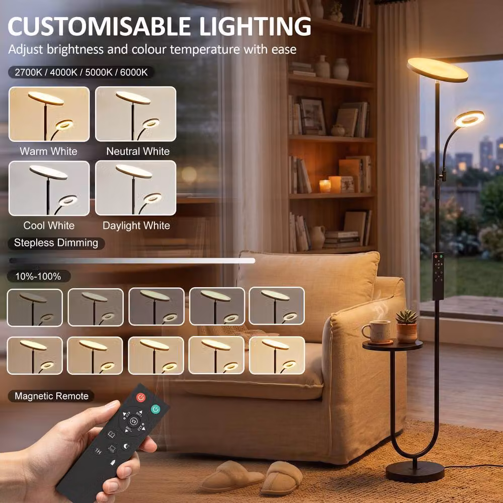 HOMCOM Dimmable Uplighter Floor Lamp with Integrated Table in Black – 5
