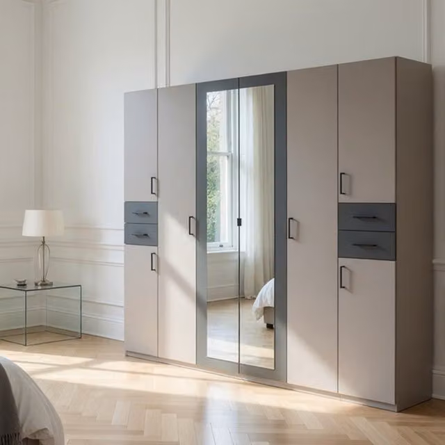 Vegas 6 Door Mirrored Wardrobe in Sahara Grey with Integrated Drawers, W: 270 cm