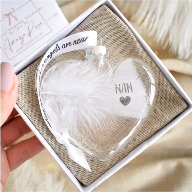 Amaya Rose Ltd In Memory of Nan Feather Heart Glass Bauble in White and Transparent