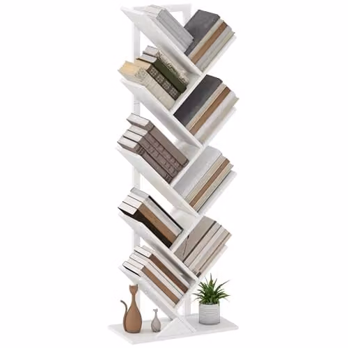HOMCOM 9-Tier Industrial Tree Bookshelf with Steel Frame, White – 1