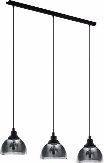 Loops Suspended Pendant Light in Black with Transparent Glass Shade, E27, 3x60W, Height Adjustable