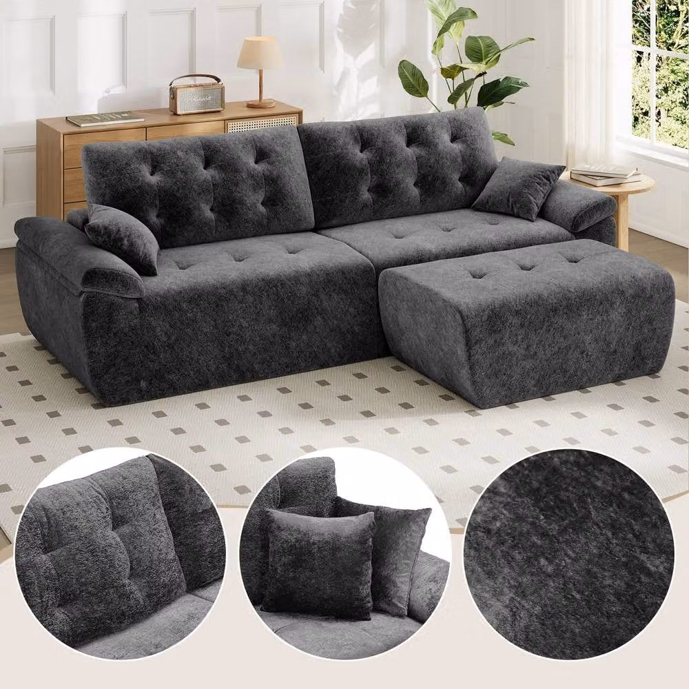 Dprodo Grey Chenille 4 Seater L Shaped Modular Sectional Sofa with Matching Ottoman and Scatter Cushions, Width: 275 cm – 3