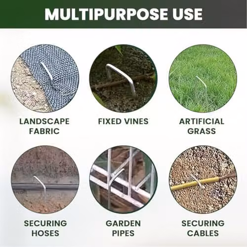 MantraRaj 100 Pack Silver Galvanised Steel U-Shaped Garden Pegs for Securing Weed Mat, Netting and Lawn – 8