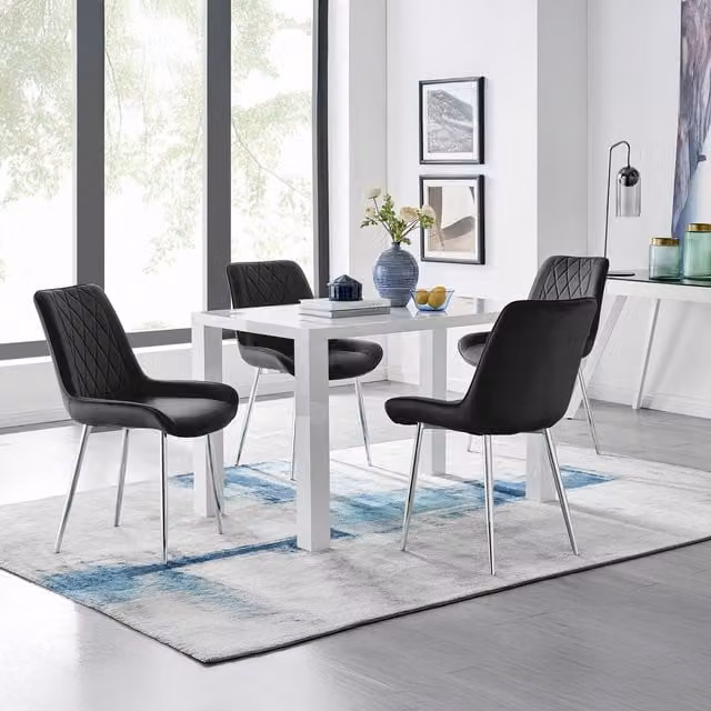 FurnitureboxUK Pivero 4 White Rectangular Dining Table and 4 Pesaro Silver Leg Chairs in Black