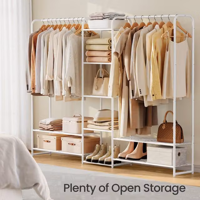 SONGMICS Modern Matte White Metal Open Wardrobe with Clothes Rail and Shoe Rack