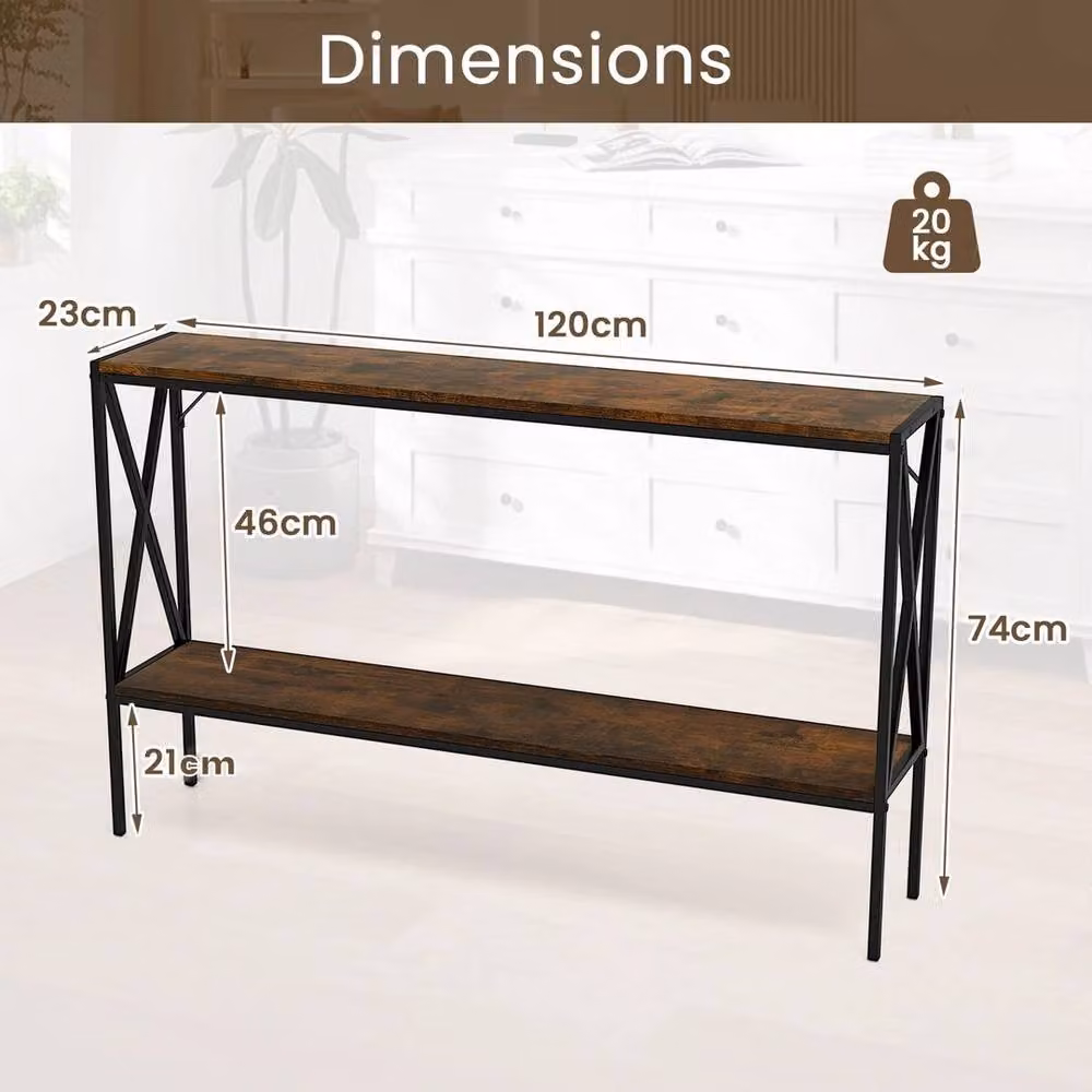 Havendro 2-Tier Industrial Narrow Sofa Table in Brown and Metal, W/D/H: 120 x 23 x 74 cm – 2