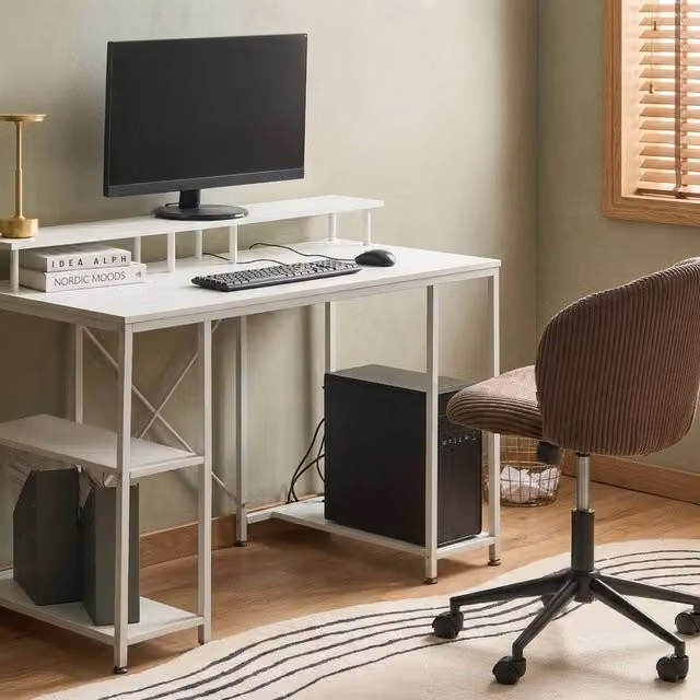 Wyld and Coco Astra White Computer Desk with Three Side Shelves and Wood Tabletop W/D/H: 120 x 86 x 40 cm – 1