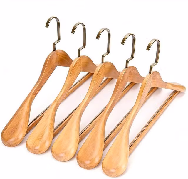 Spetlek 5 Pack Natural Wooden Non-Slip Coat Hangers with Contoured Wide Shoulders in Beige, W: 100 cm, D: 15 cm