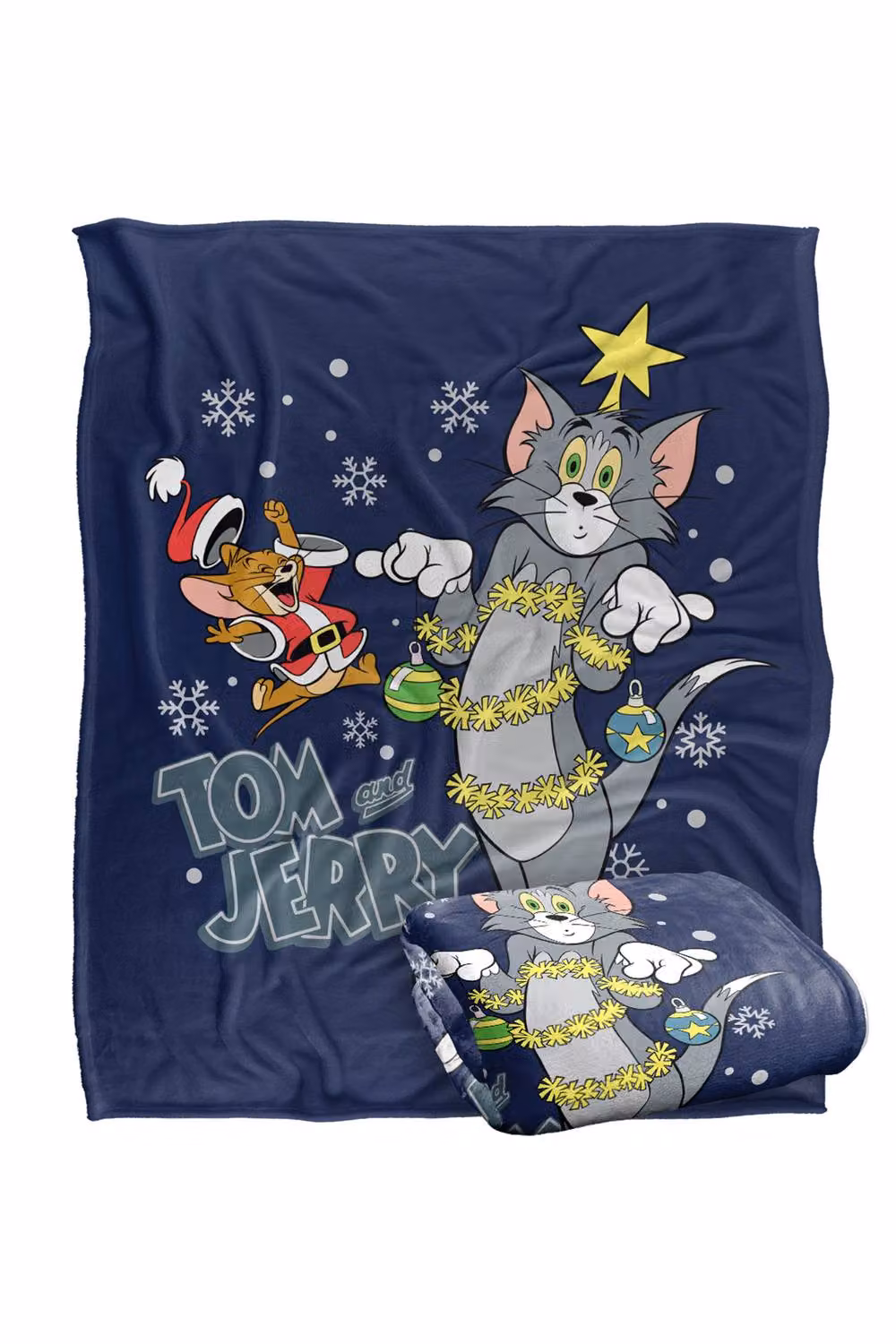 Warner Bros. Tom & Jerry Merry Christmas Tinsel Tangle Super Soft Silky Touch Blanket, Large, Multicolour and Blue – 2