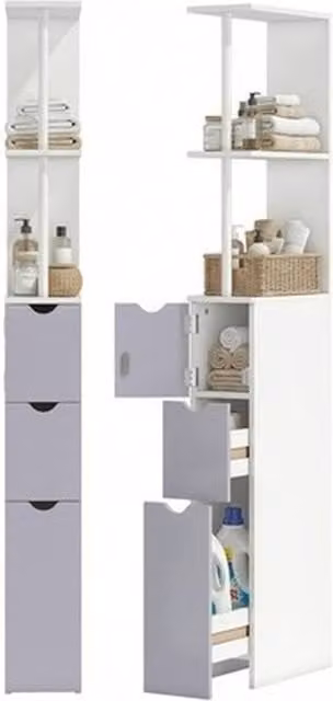 NESTLUNE Tall White Bathroom Storage Cabinet with Internal Shelves and Drawers