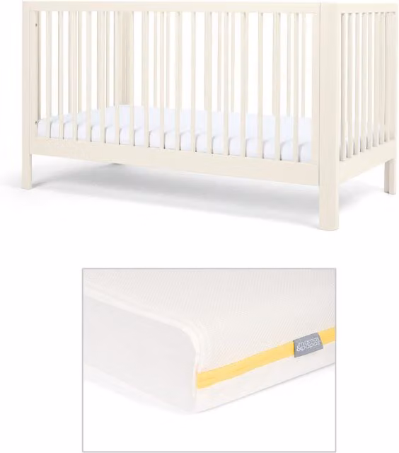 Mamas & Papas Arbor Cotbed and Essential Airflow Fibre Mattress Bundle, White, W/D/H: 140 x 70 x 70 cm