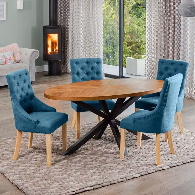 Artemis Home Modern Oval Dining Table Set with 4 Petrol Blue Fabric Chairs
