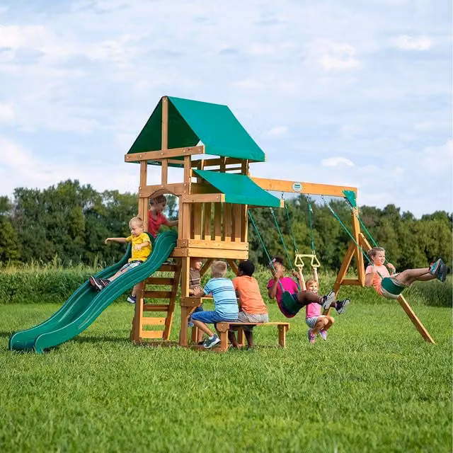 Backyard Discovery Belmont Cedar Wooden Climbing Frame with Canopy, Slide, Swing and Sandbox in Multicolour