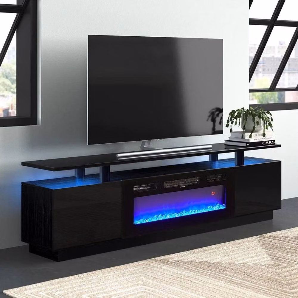 FORGEVIO Black High Gloss 70 Inch TV Stand Cabinet with Electric Fireplace – 4