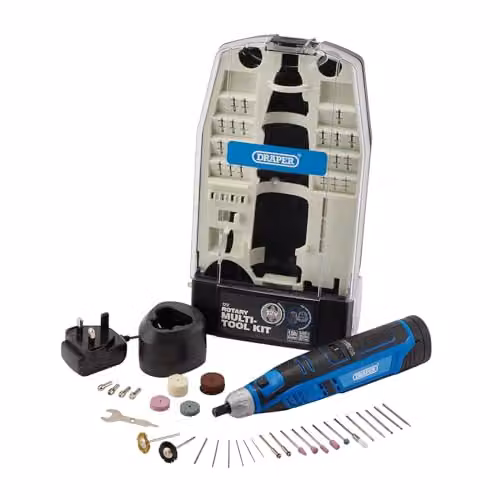 Draper 70298 12V Rotary Multi-Tool Kit with 1.5Ah Battery and Fast Charger, 50 Piece Set in Blue and Black – 1