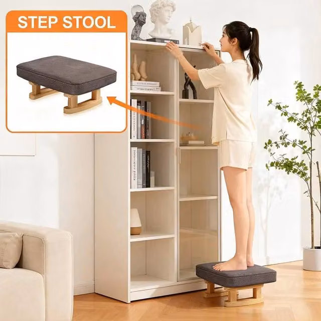 EONLION Wooden Small Footstool Pouffe in Grey, W/D/H: 100 x 18 x 100 cm