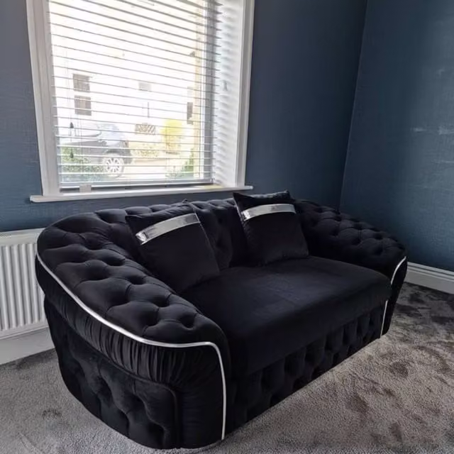 Stratus Interiors Ambassador Chesterfield 2 Seater Sofa in Black Plush Velvet with Silver Trim