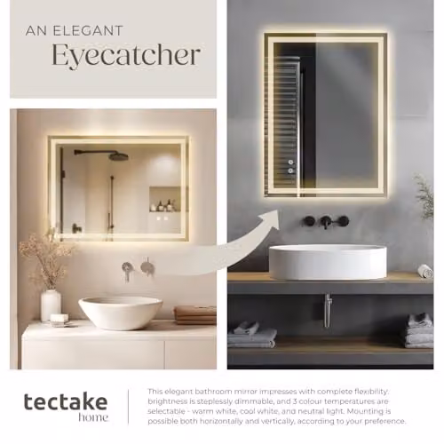 tectake LED Bathroom Mirror with CCT and Dimming Function in White or Grey, W: 50 cm, H: 70 cm – 3