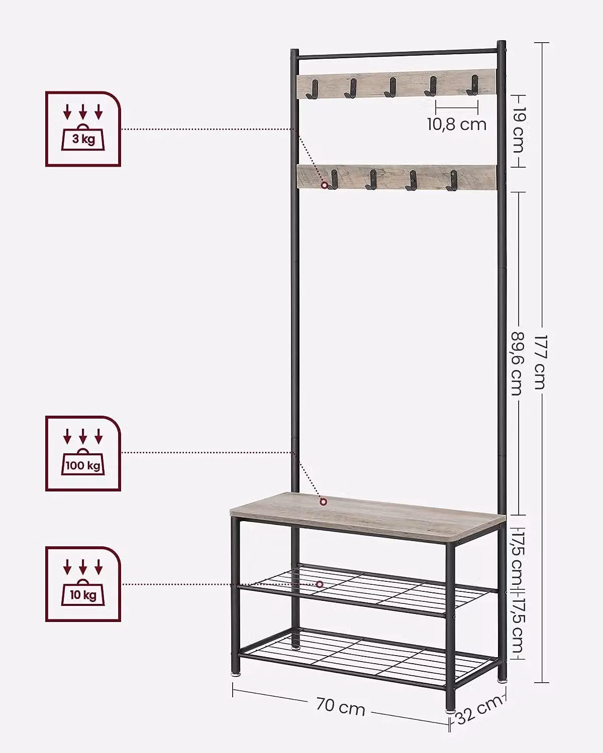 VASAGLE Modern Hallway Coat Rack with Bench and Shoe Rack, Metal Frame, Light Beige – 2