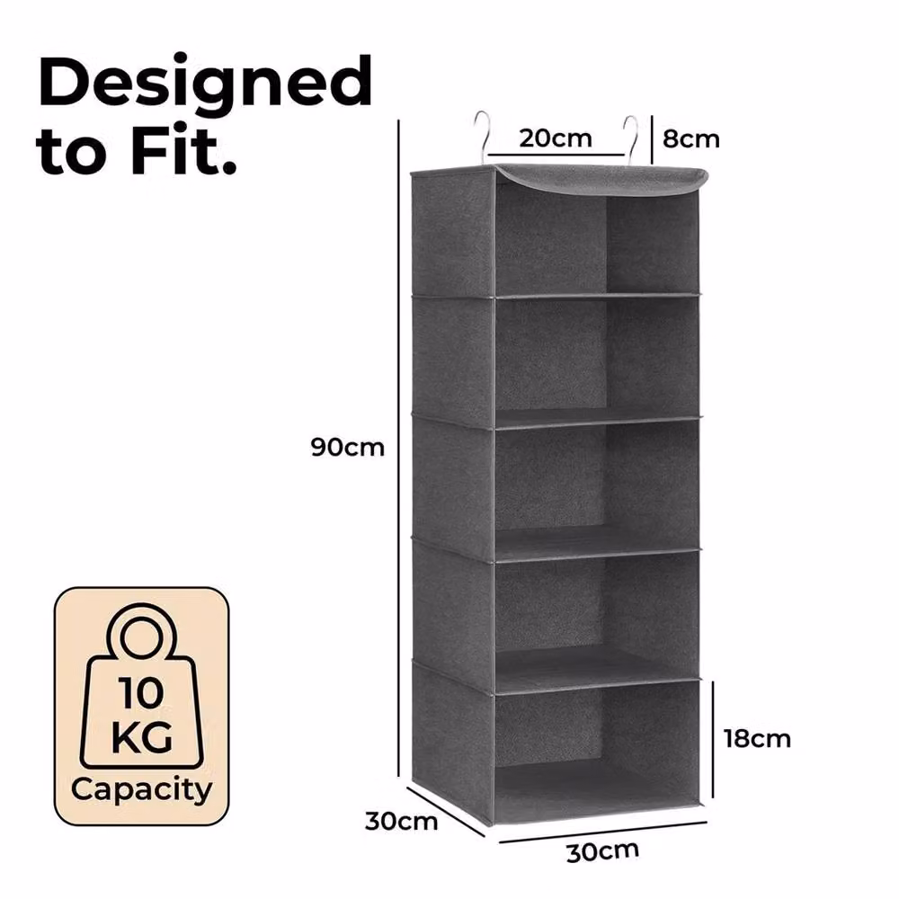 Nordara Grey 5-Tier Hanging Wardrobe Organiser W: 90 cm, D: 30 cm, H: 30 cm – 2