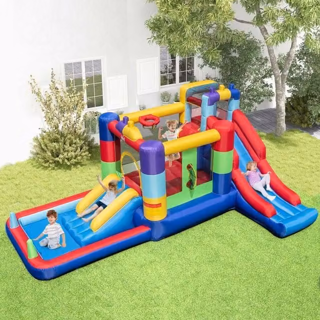 Costway Building Block Inflatable Bounce House with Slide and Safety Net in Blue and Multicolour