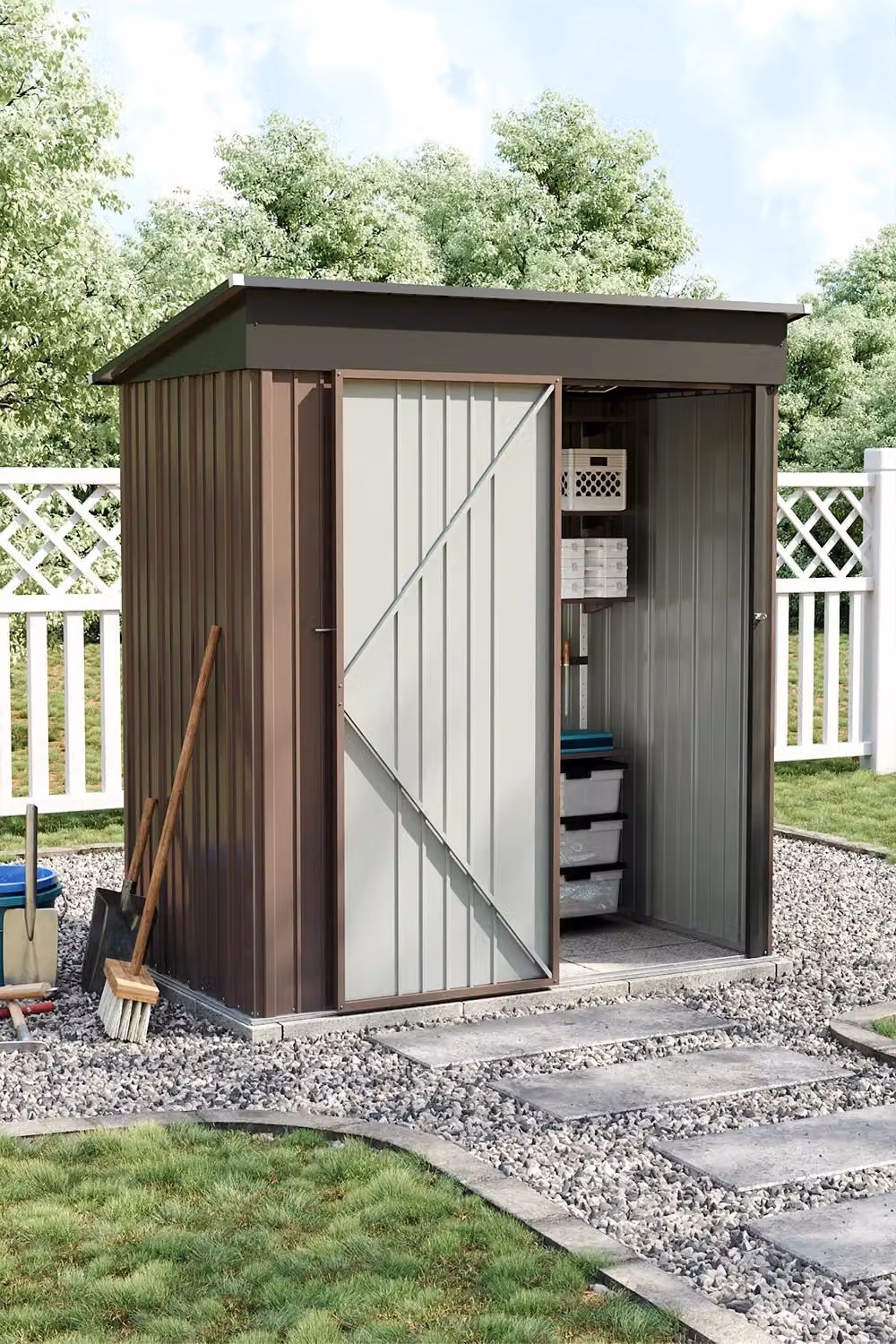 H&O Direct Outdoor Garden Lockable Apex Metal Shed in Brown, Galvanised Steel, W/D/H: 181 x 94 x 160.5 cm – 2