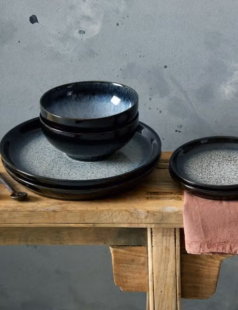 Denby Halo 12 Piece Blue Geometric Stoneware Dinner Set