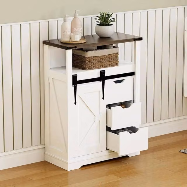 VOGREX White Modern Bathroom Floor Cabinet with Sliding Barn Doors and Internal Storage