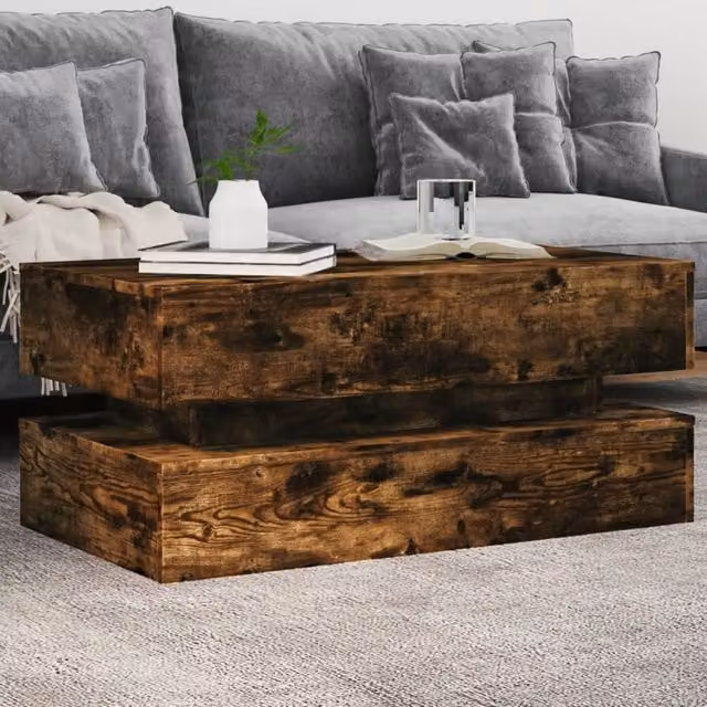 Berkfield Home Modern Coffee Table with LED Lights in Smoked Oak Brown, W/D/H: 90 x 50 x 40 cm – 1