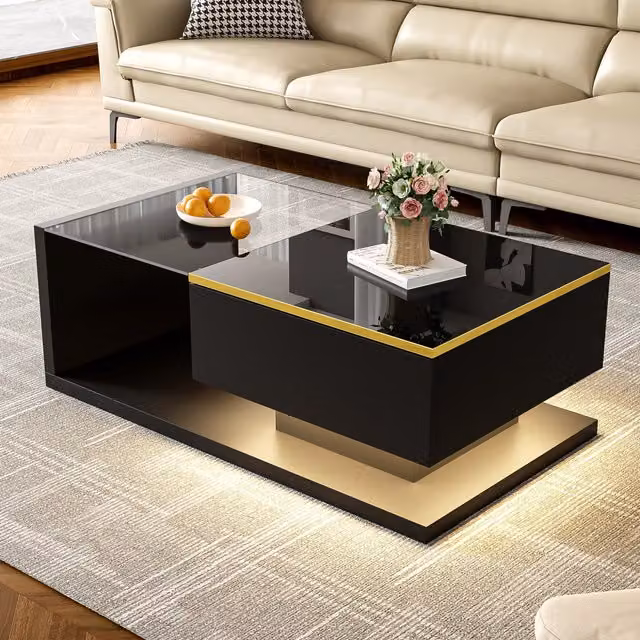 Aosom UK High-Gloss Black Rectangular Coffee Table with Tempered Glass Top and LED Lighting, W: 90 cm, D: 50 cm, H: 32.5 cm – 1