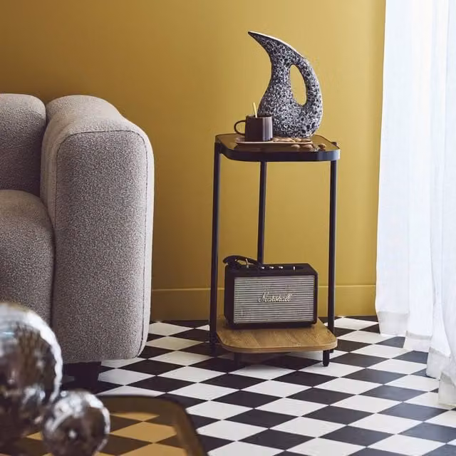 sweeek Vintage Black Metal Side Tables with Light Brown Glass Tops, W/D/H: 37.0 x 60.0 x 48.5 cm