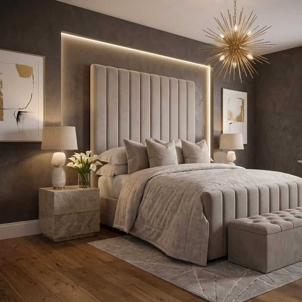Sahara Upholstered Velvet Bed Frame by Beds NK Ltd in Beige